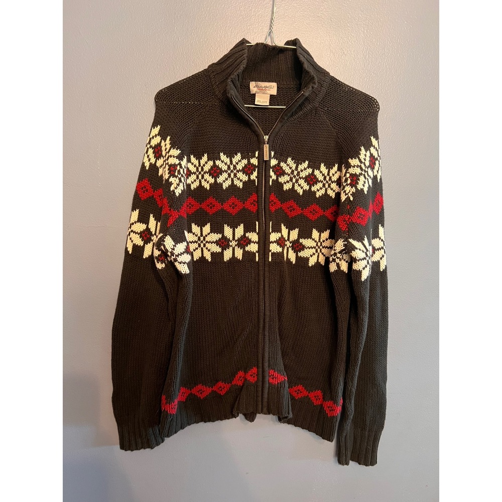 Eddie Bauer Collectibles Black Nordic Fair Isle Pattern Full Zip Sweater Size MD